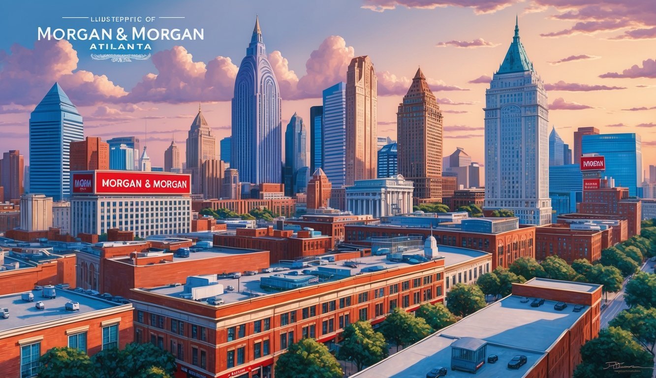 A bustling Atlanta cityscape with prominent Morgan & Morgan signage