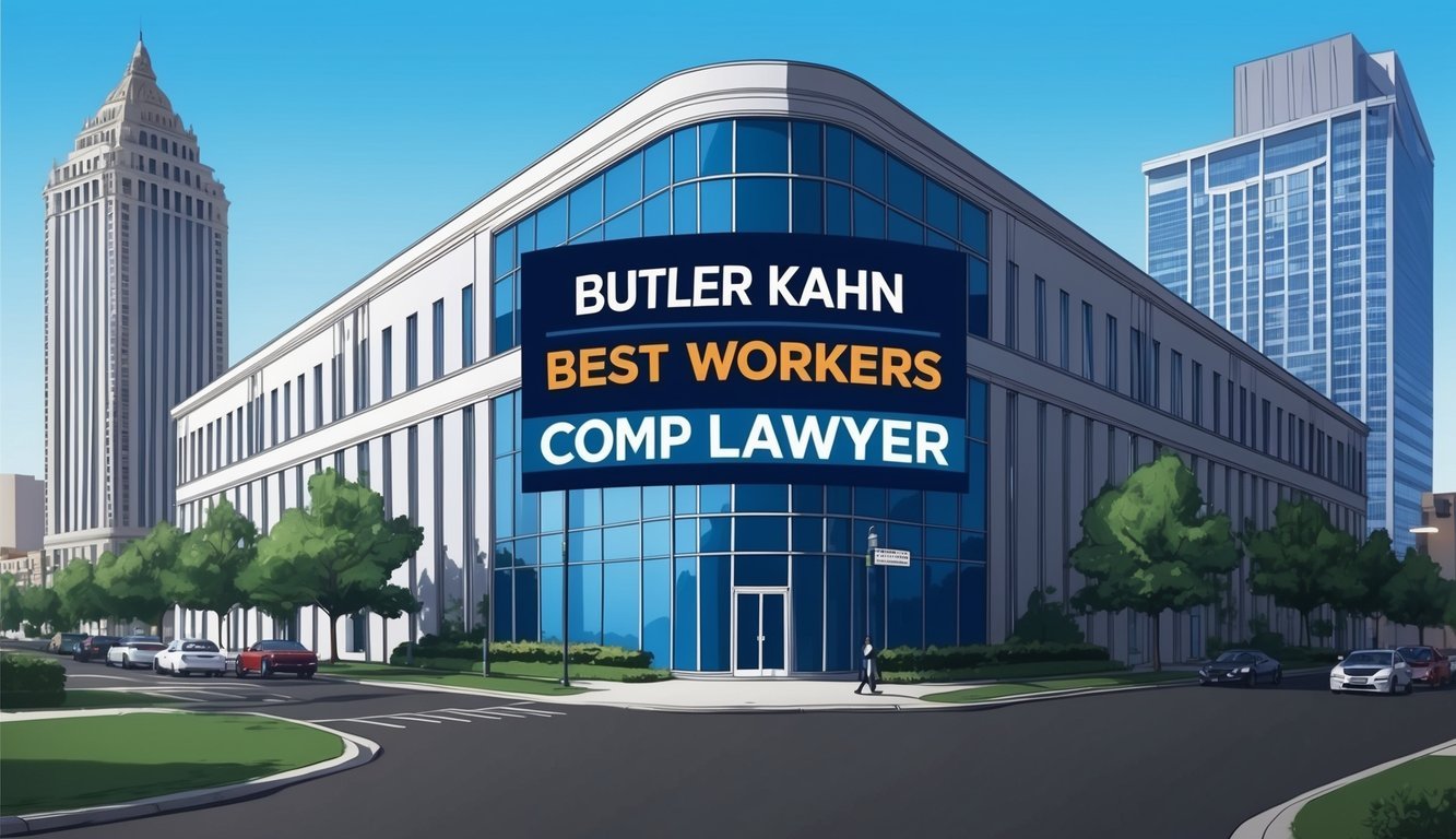 A sleek office in downtown Atlanta, with a sign reading "Butler Kahn Best Workers Comp Lawyer" in bold letters