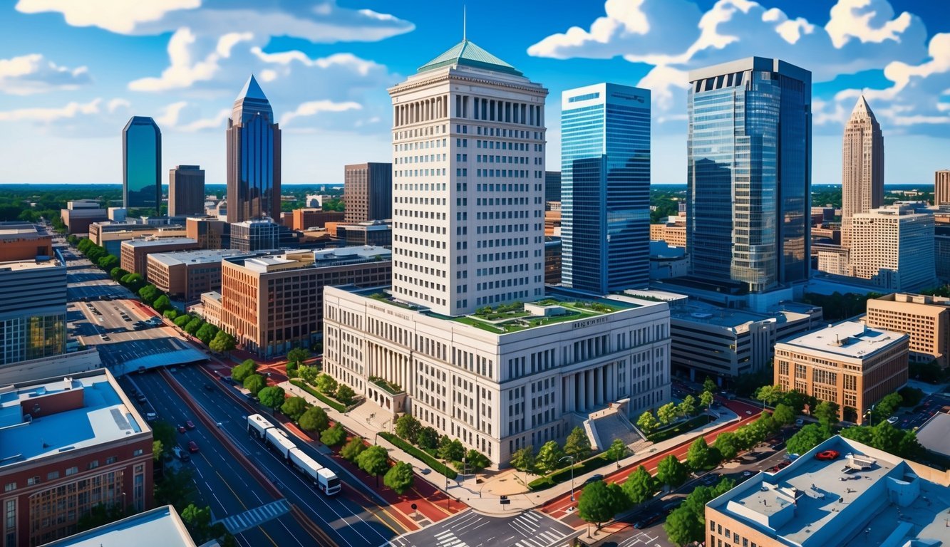 A bustling Atlanta cityscape with a prominent law office building, surrounded by modern skyscrapers and busy streets