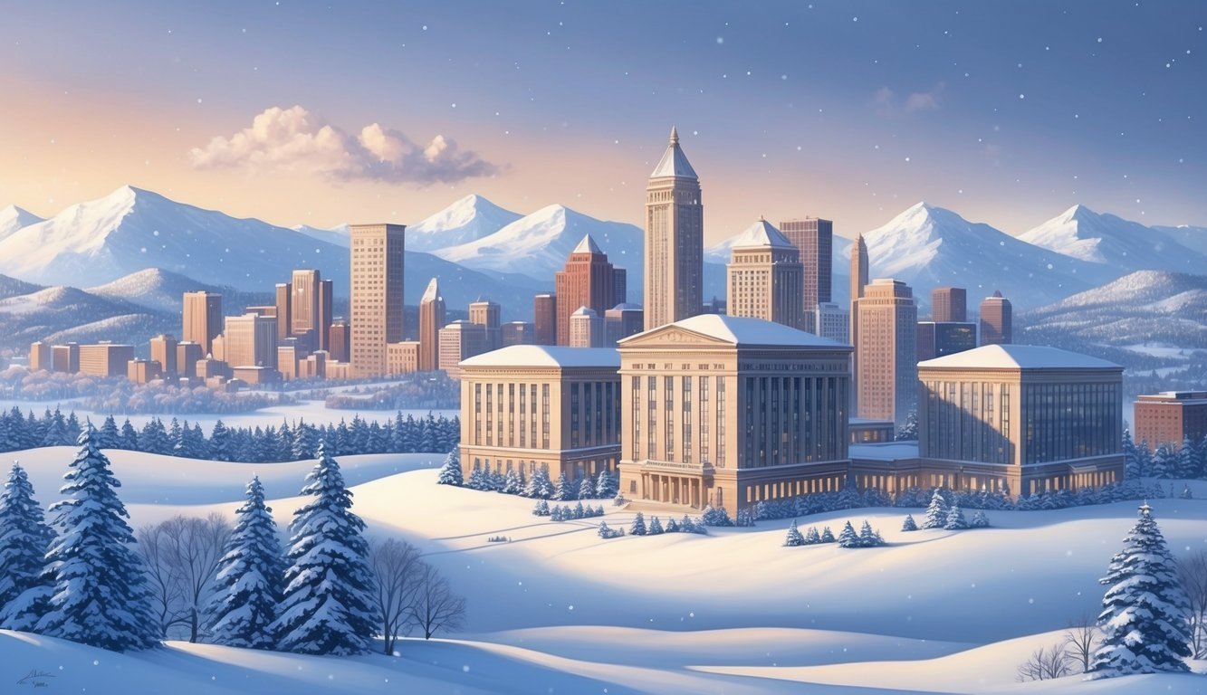 A serene winter landscape with a snow-covered city skyline and a prominent law office building, surrounded by mountains in the distance