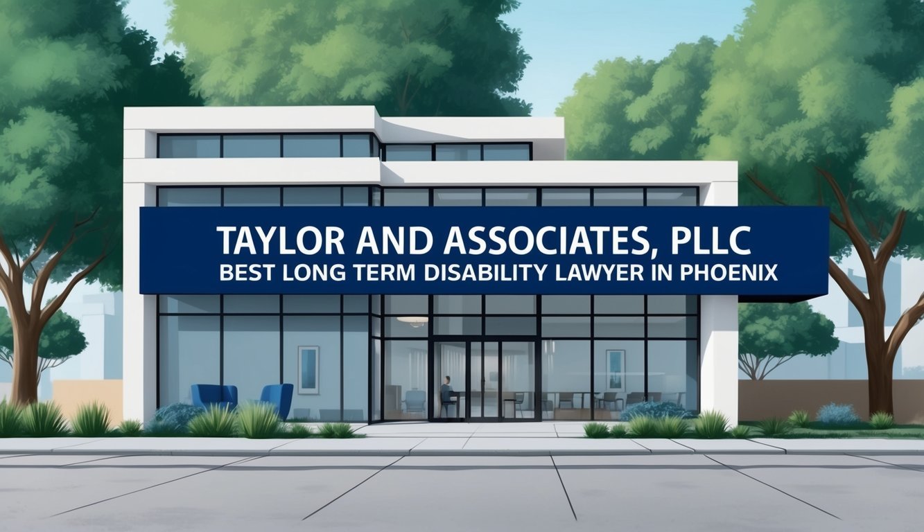 A modern office building with a sleek sign reading "Taylor and Associates, PLLC Best long term disability lawyer in Phoenix" prominently displayed