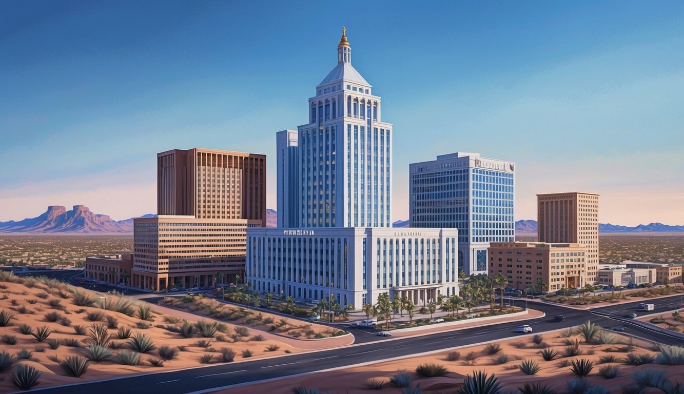 A Phoenix skyline with a prominent law office building, surrounded by desert landscape and a clear blue sky