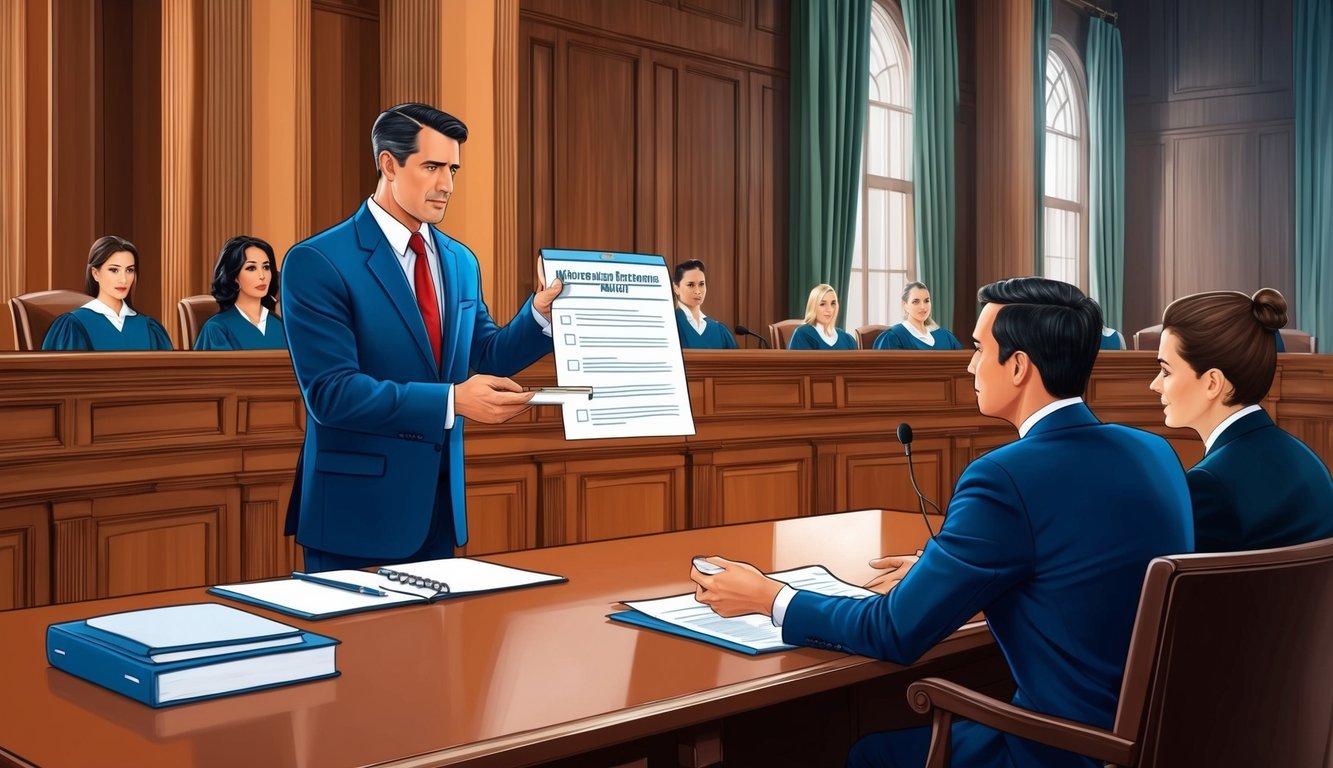 A courtroom scene with a lawyer presenting evidence of wrongful termination in Chicago