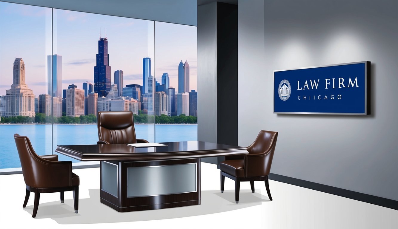 A sleek, modern office with a skyline view of Chicago.</p><p>A polished desk and leather chairs.</p><p>A sign with the law firm's name and logo