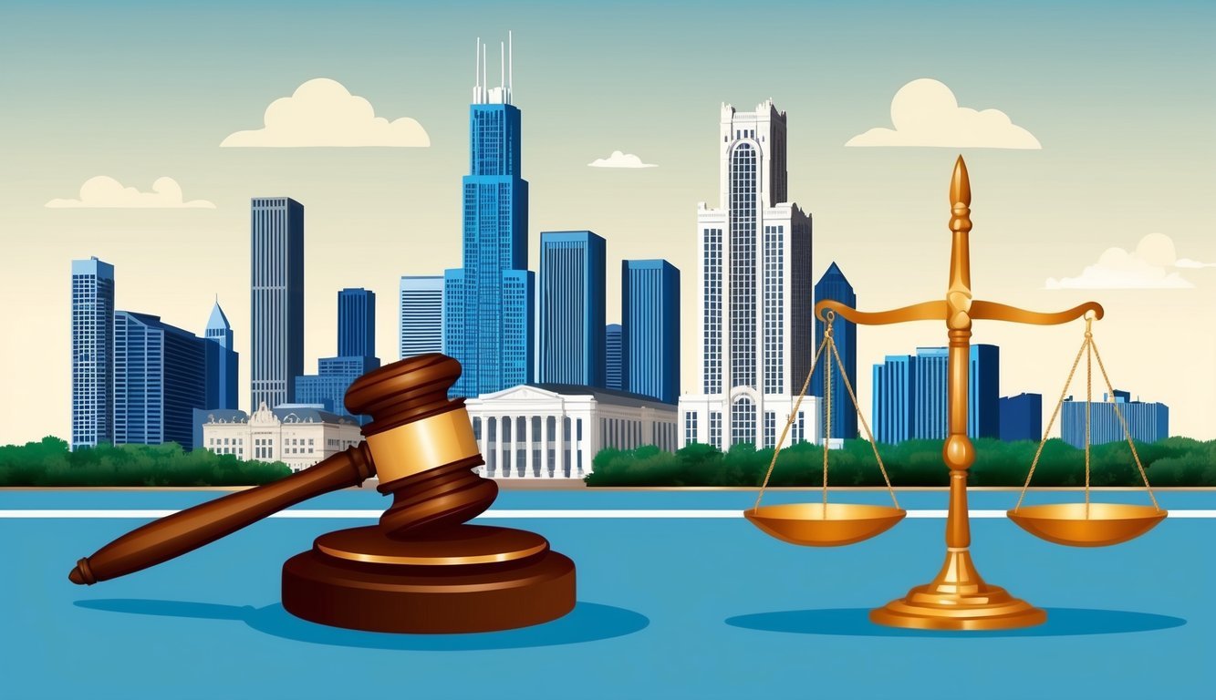 A Chicago skyline with a prominent law firm building, a gavel, and a justice scale