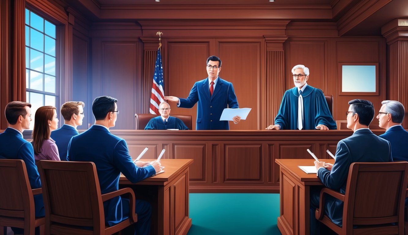 A courtroom with a lawyer presenting evidence to a judge and jury