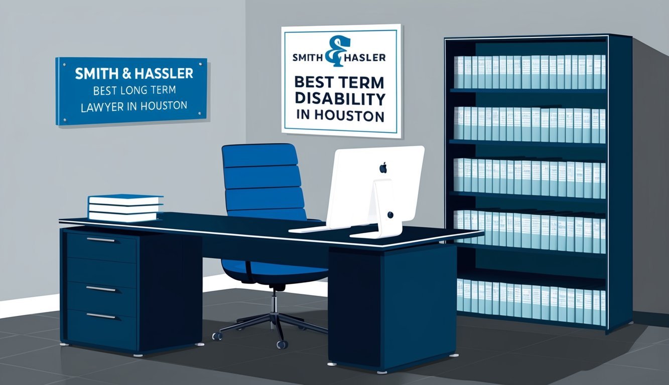 A modern office with a sleek desk, computer, and shelves of legal books.</p><p>A sign on the wall reads "Smith & Hassler Best long term disability lawyer in Houston."