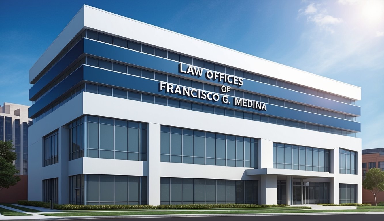 A sleek and modern office building with the name "Law Offices of Francisco G. Medina" prominently displayed on the exterior