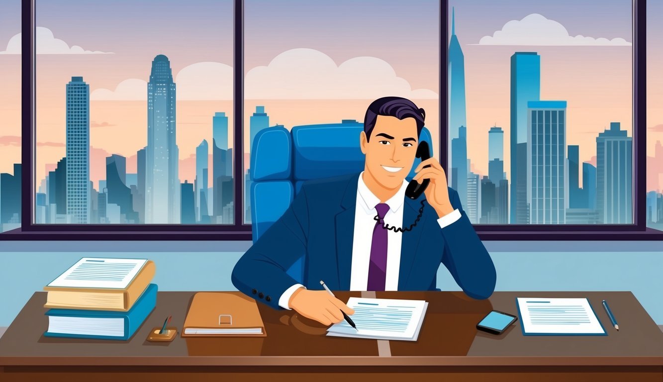 An office with a city skyline backdrop, a desk with legal documents, and a confident lawyer on the phone