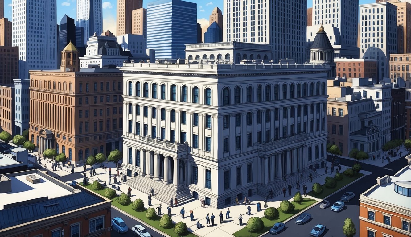 A bustling Philadelphia cityscape with a prominent law firm building, surrounded by busy professionals and a sense of authority and expertise