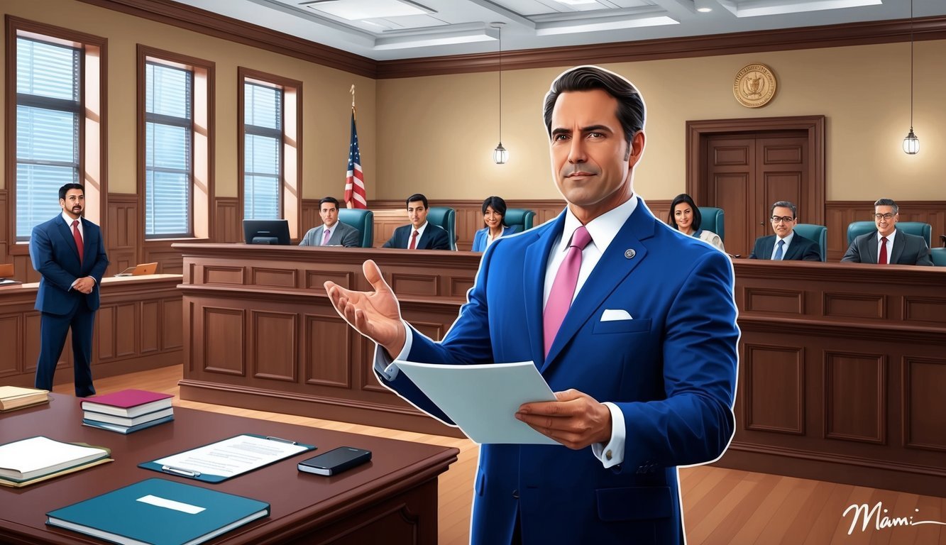 A courtroom with a confident lawyer presenting a case in Miami