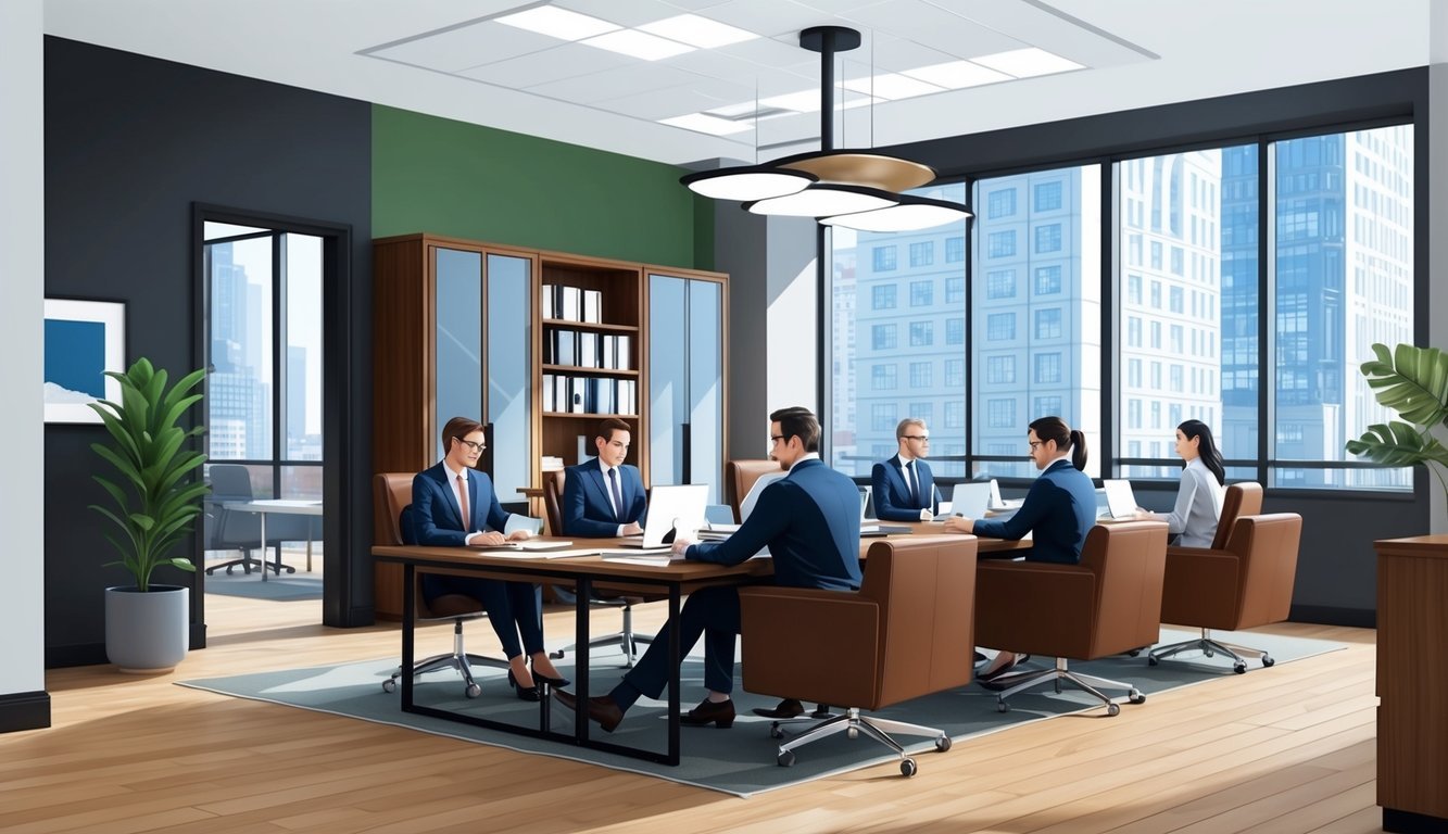 A busy law office in downtown Philadelphia, with modern decor and a team of professionals working diligently at their desks