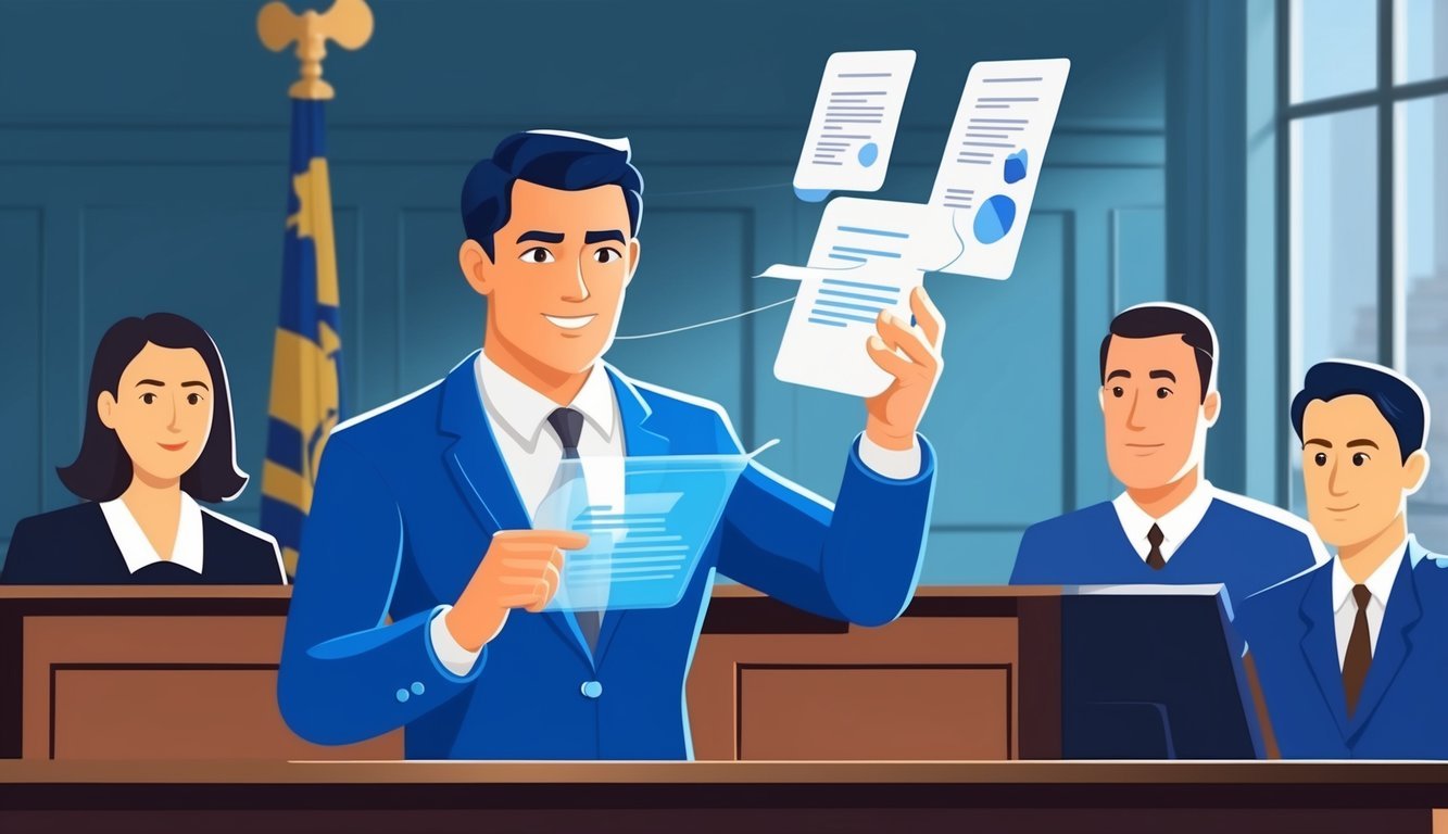 A courtroom with a confident lawyer presenting evidence to a judge and jury.</p><p>The lawyer exudes professionalism and expertise in handling wrongful termination cases