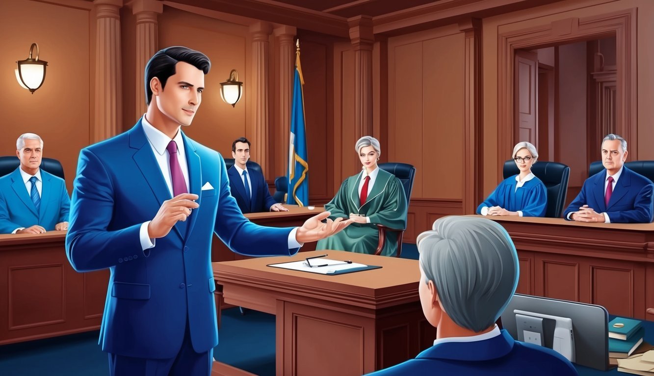 A courtroom with a confident lawyer presenting evidence to a judge and jury