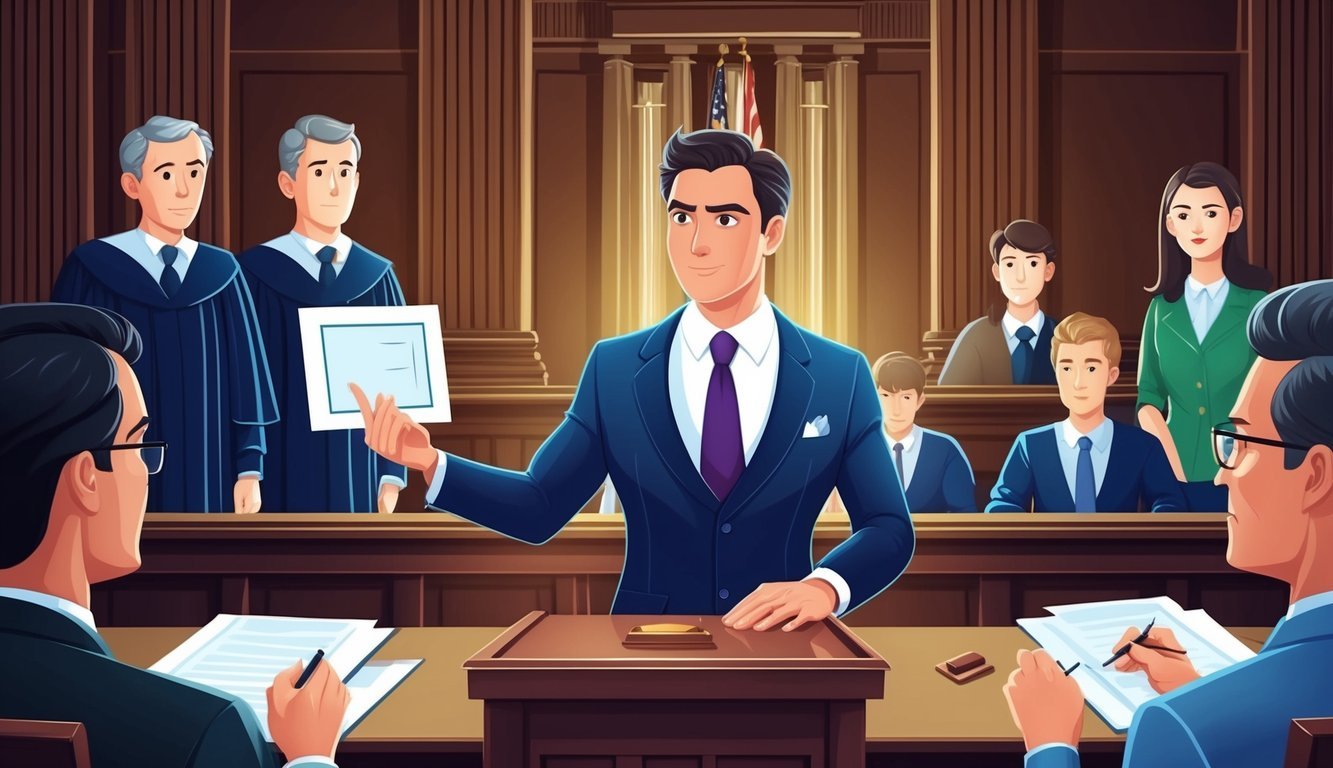 A courtroom with a confident lawyer presenting evidence to a judge and jury