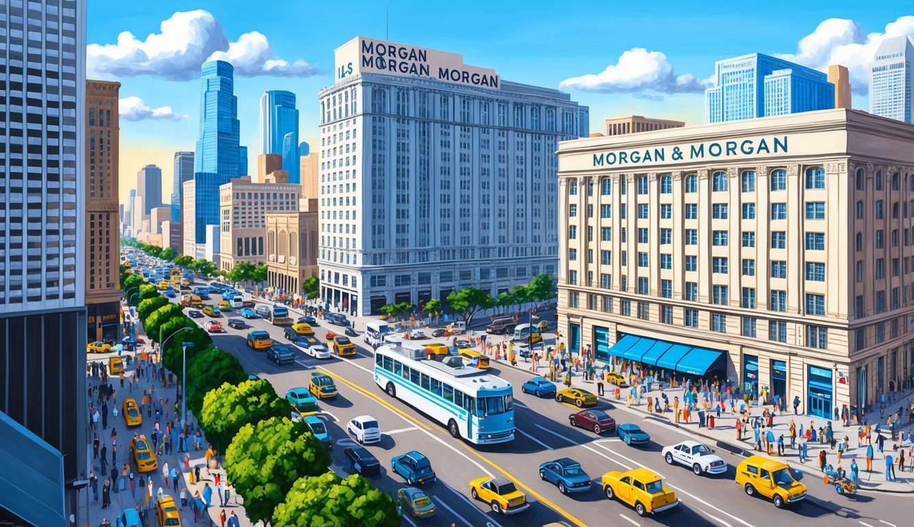 A bustling Los Angeles cityscape with a prominent "Morgan & Morgan" building and a busy street filled with people and traffic