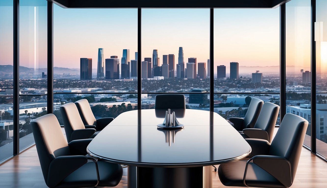 A sleek, modern office space with a panoramic view of the Los Angeles skyline, featuring a polished conference table and comfortable seating for clients