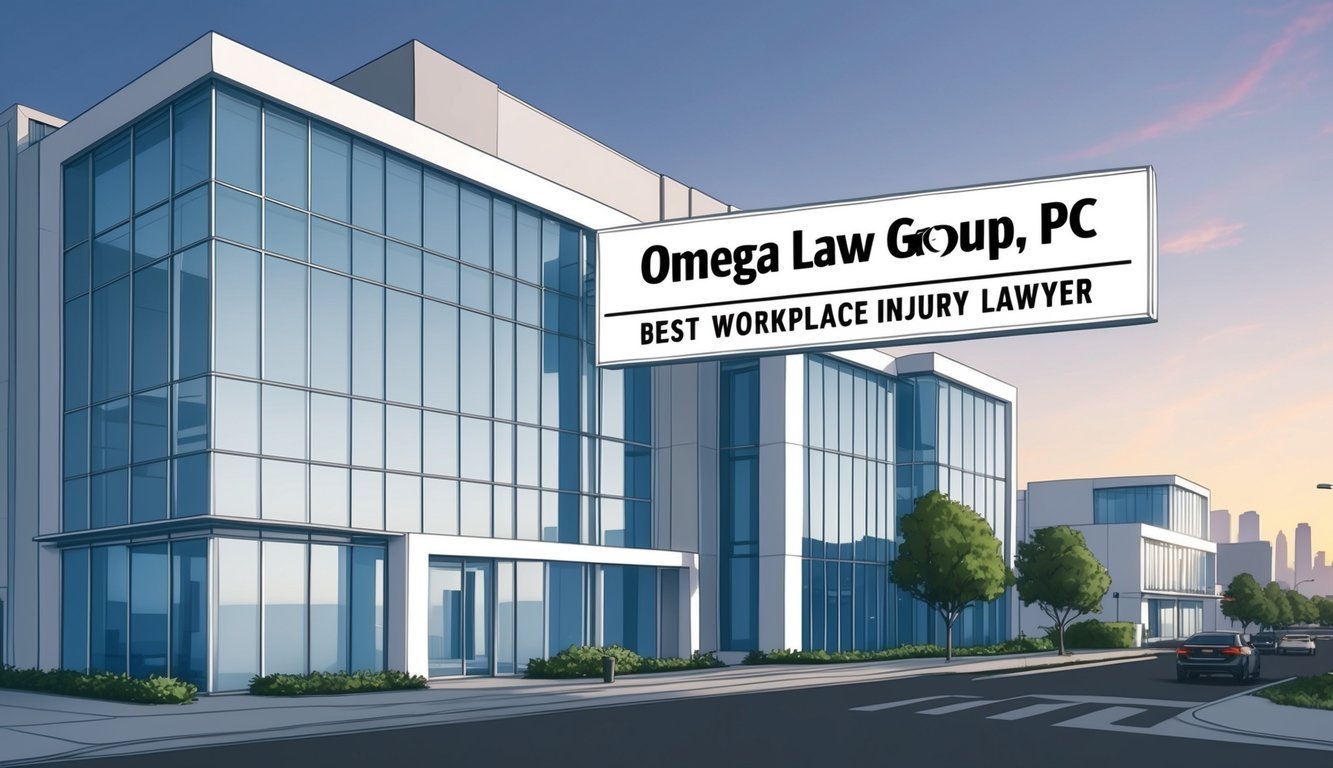 A modern office building in downtown Los Angeles, with sleek glass windows and a prominent sign reading "Omega Law Group, PC Best workplace injury lawyer."