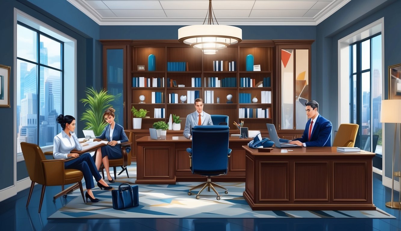 A busy law office with modern decor and a bustling atmosphere