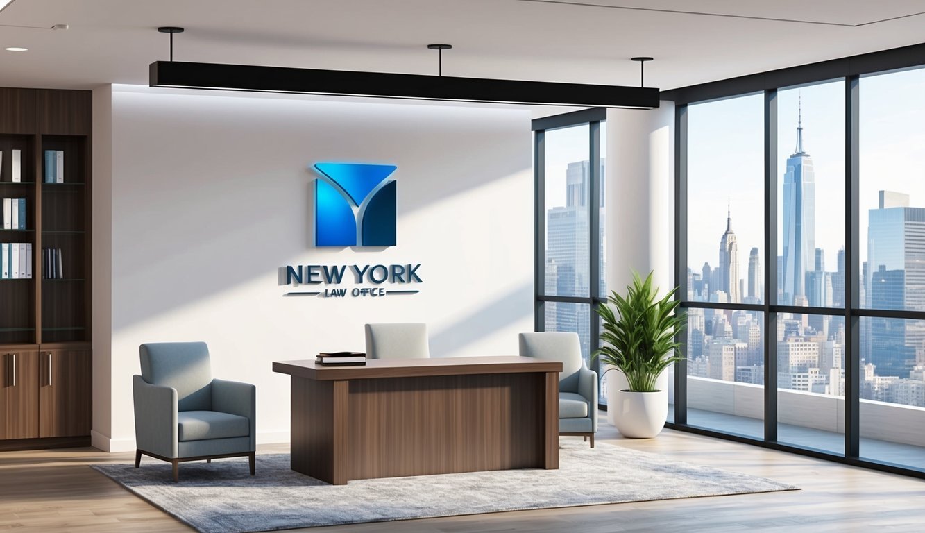 A modern law office in New York City with a sleek logo and professional signage