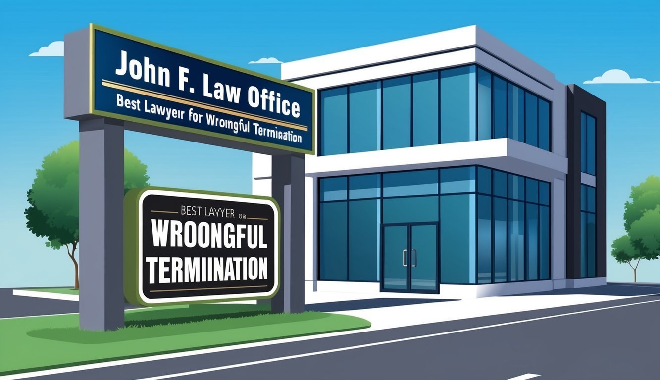 A modern law office in Dallas with a sign reading "John F. Law Office - Best lawyer for wrongful termination" displayed prominently