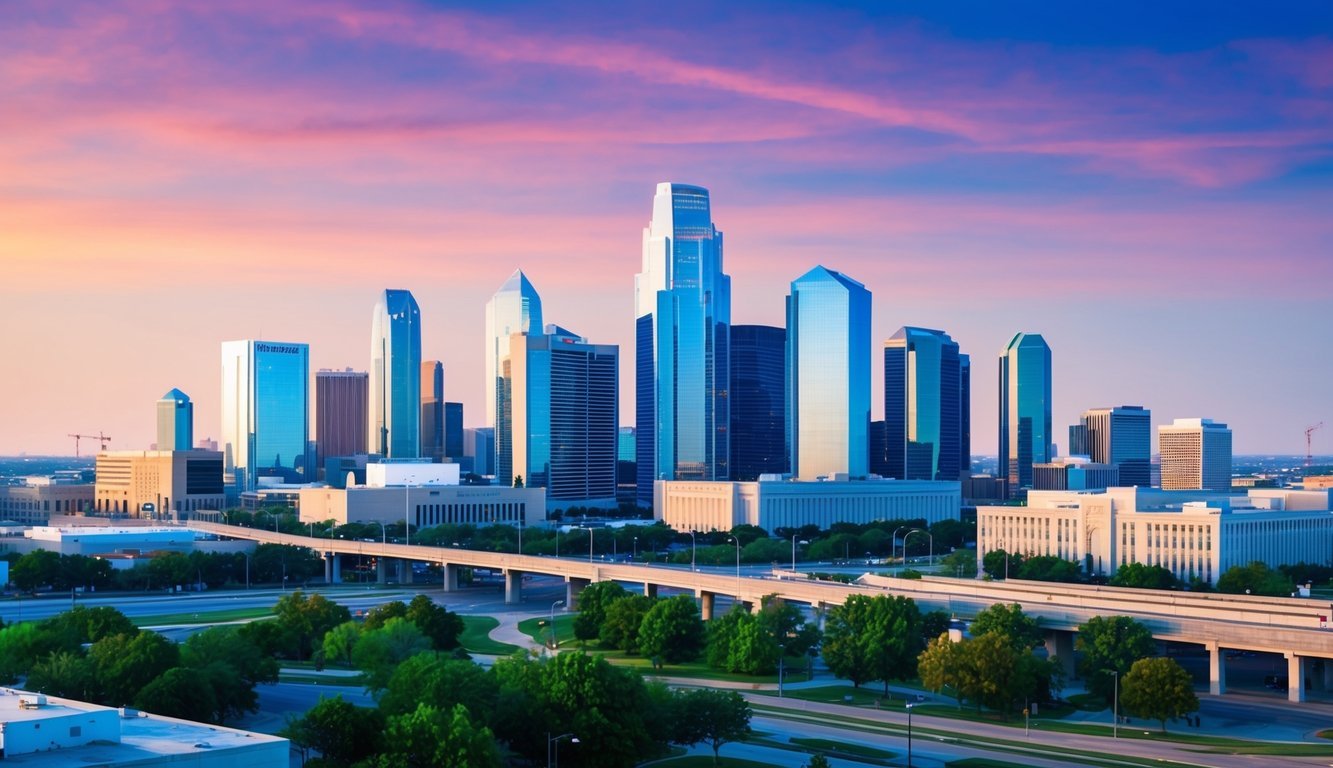 A bustling Dallas skyline with Smith & Jones LLP building prominent