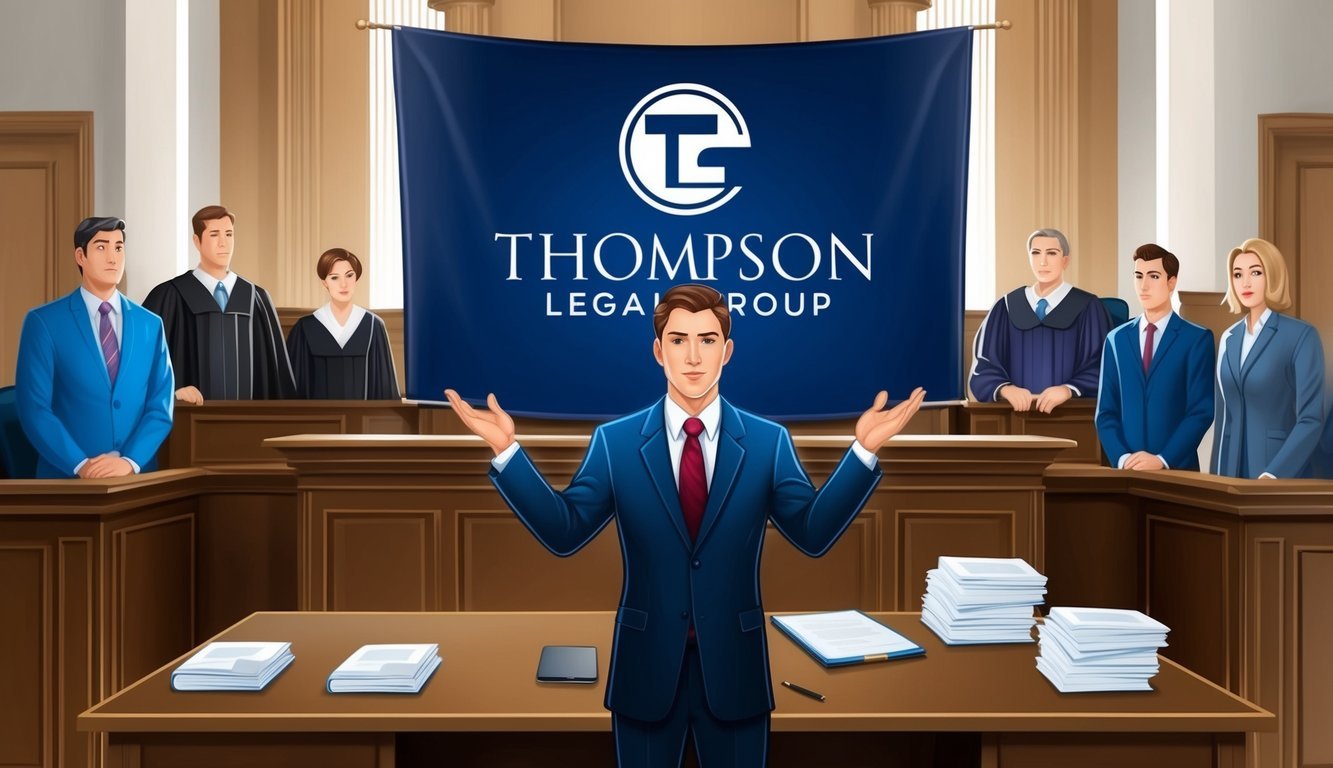 A courtroom with a confident lawyer presenting evidence to a judge and jury.</p><p>The lawyer is standing in front of a large banner with the Thompson Legal Group logo