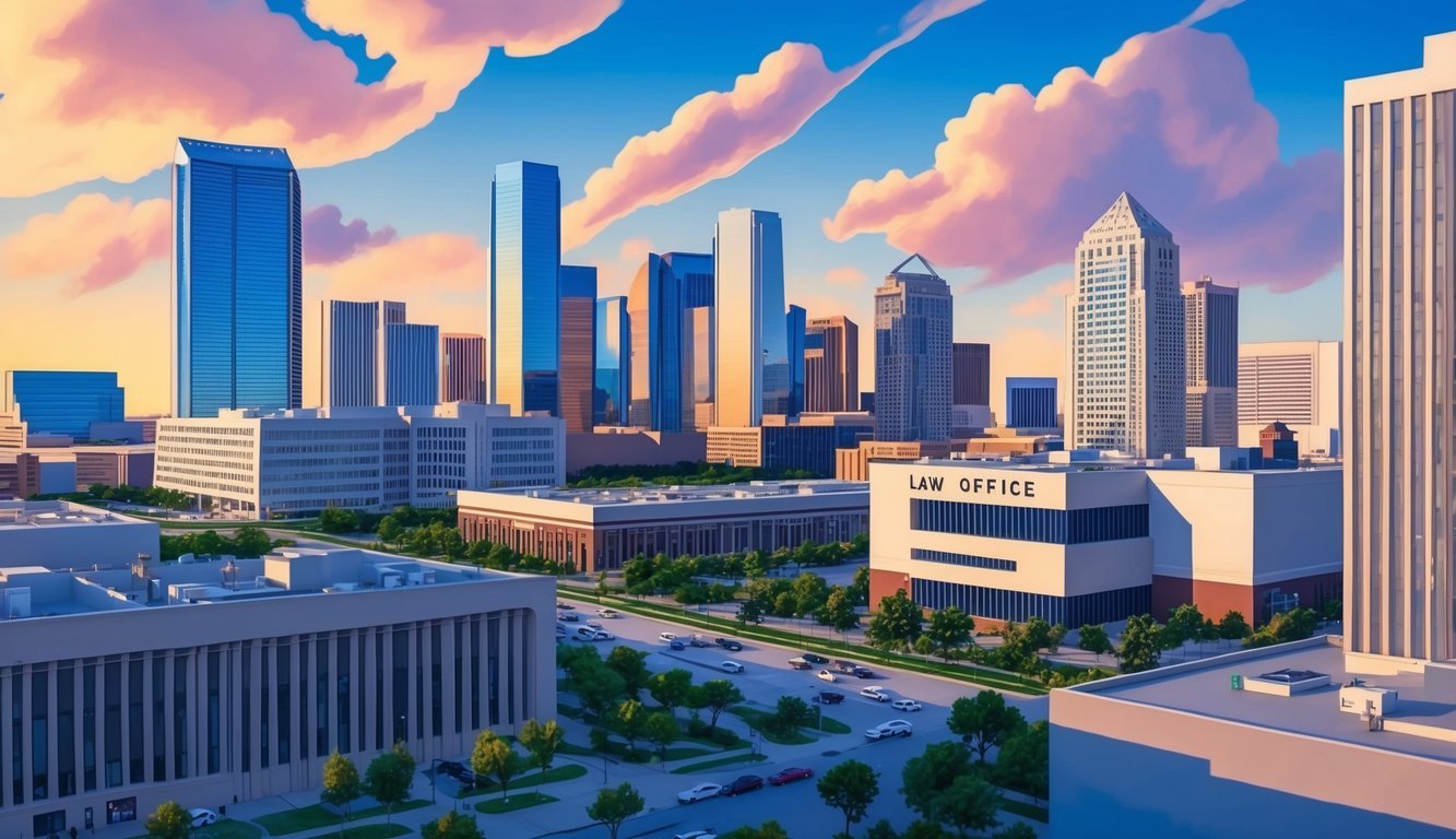 A bustling Dallas cityscape with a prominent law office sign