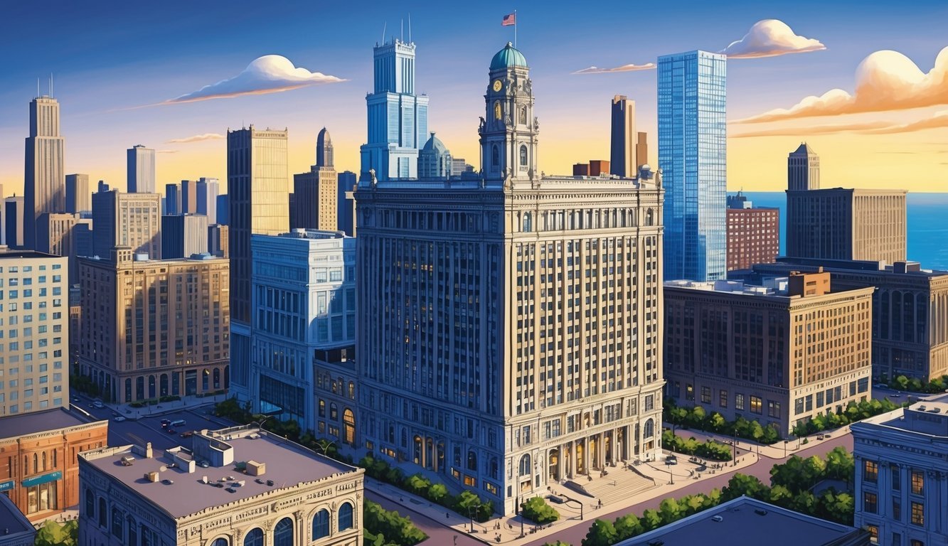 A bustling cityscape with a prominent law office building in downtown Chicago