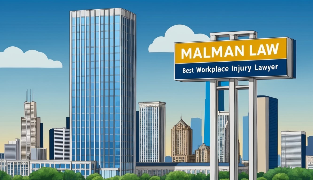 A modern office building in downtown Chicago with a prominent sign reading "Malman Law - Best Workplace Injury Lawyer" stands tall against the city skyline