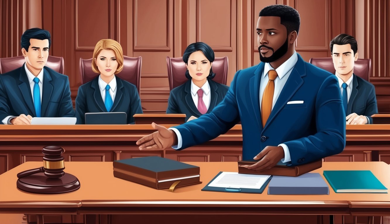 A courtroom scene with a lawyer presenting a case of wrongful termination in Houston