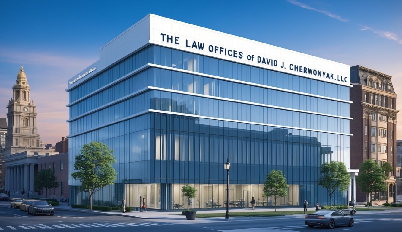 A sleek, modern office building with a prominent sign reading "The Law Offices of David J. Cherwonyak, LLC" in downtown Philadelphia