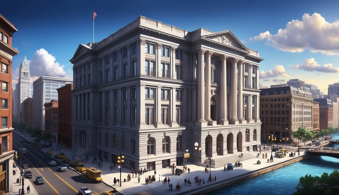 A grand courthouse with a towering facade, surrounded by bustling city streets and a river flowing nearby