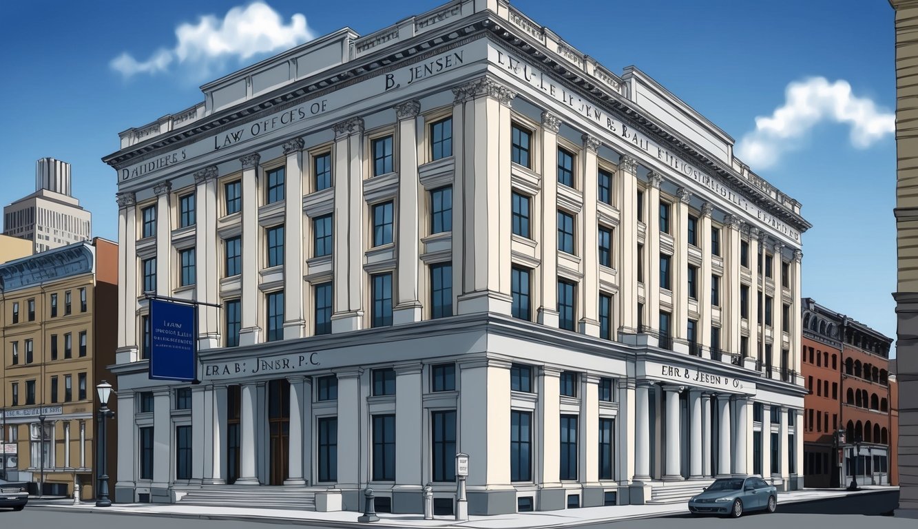 A grand, stately law office building in downtown Philadelphia, with a prominent sign reading "Law Offices of Erik B. Jensen P.C."