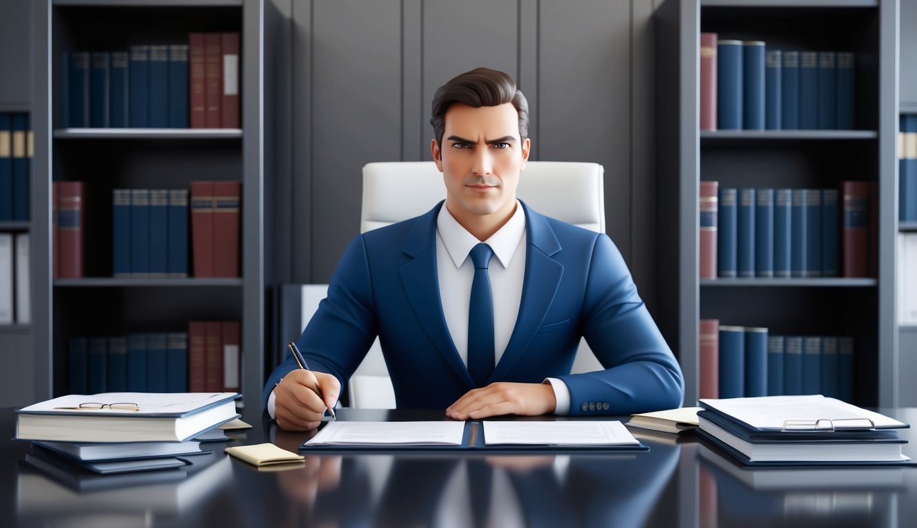 A confident lawyer in a sleek office, surrounded by legal books and documents, with a determined expression