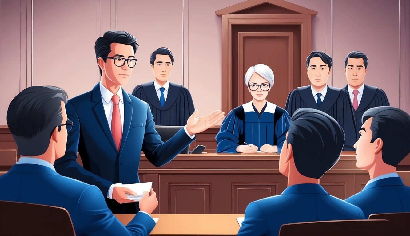 A courtroom scene with a lawyer presenting a case of wrongful termination to a judge and jury