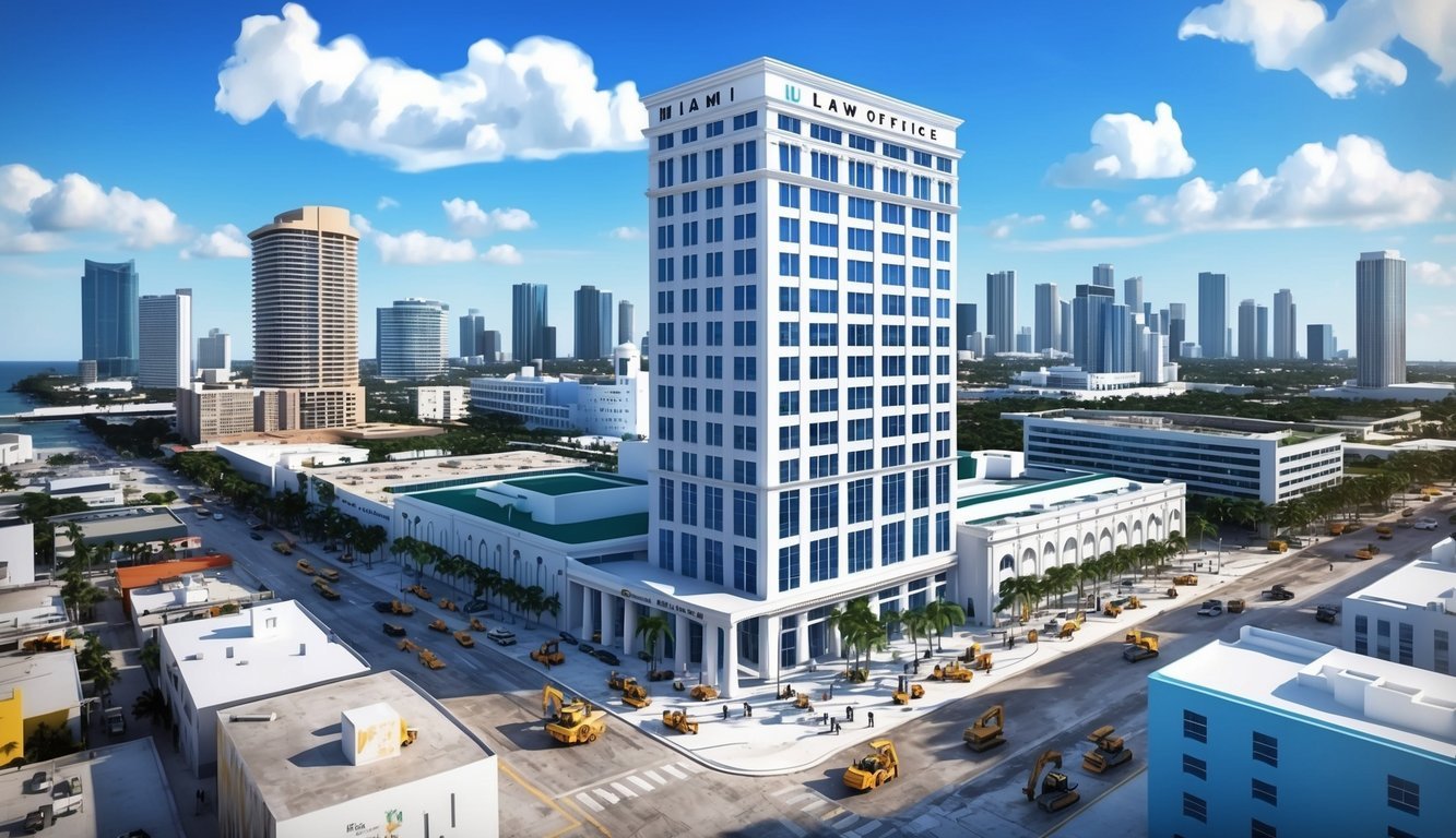 A bustling Miami skyline with a prominent law office building, surrounded by busy streets and workers in hard hats