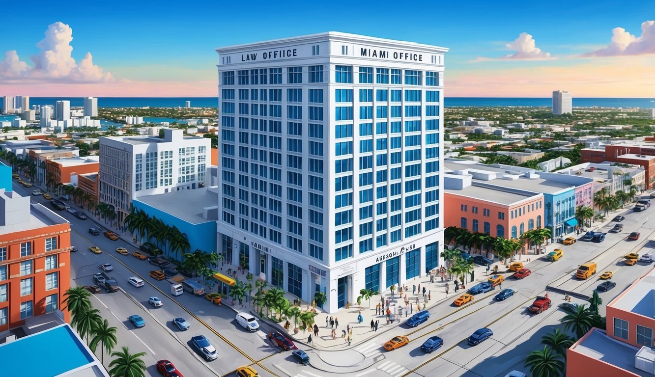 A bustling Miami cityscape with a prominent law office building, surrounded by busy streets and professional-looking individuals