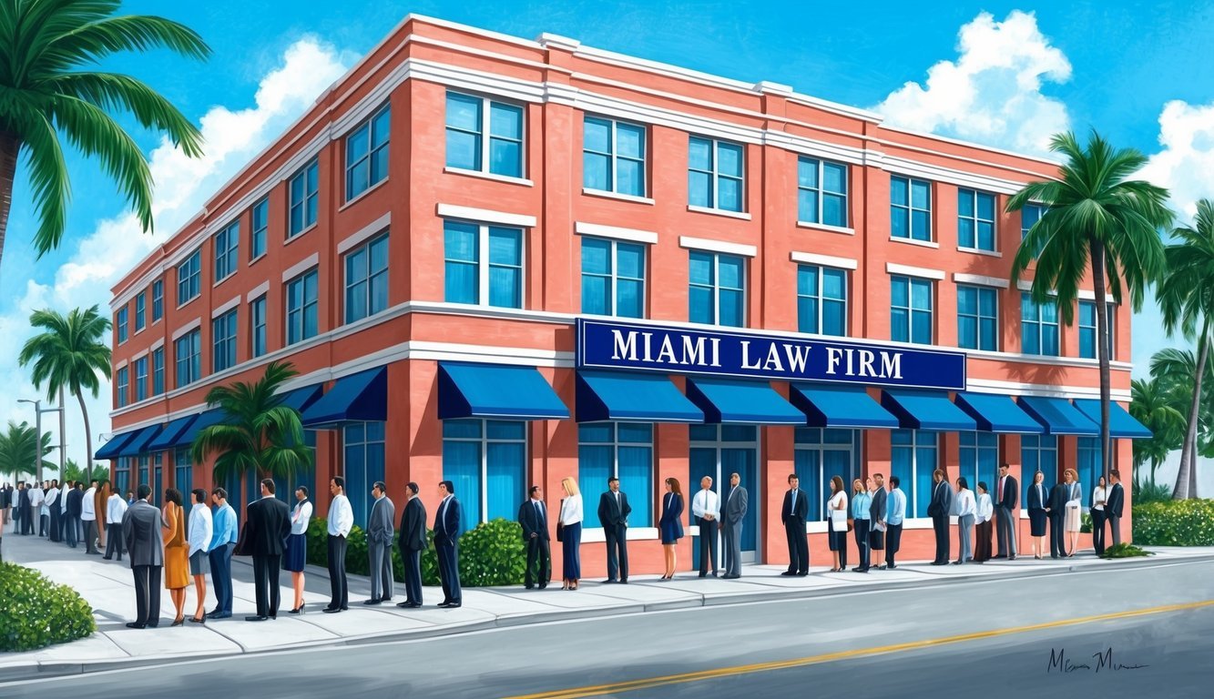 A bustling Miami office building with a prominent law firm sign and a line of clients waiting outside