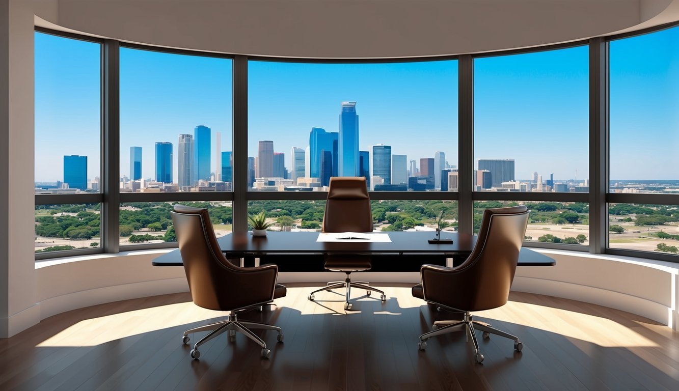 A modern office with a sleek desk, leather chairs, and large windows overlooking the Dallas skyline