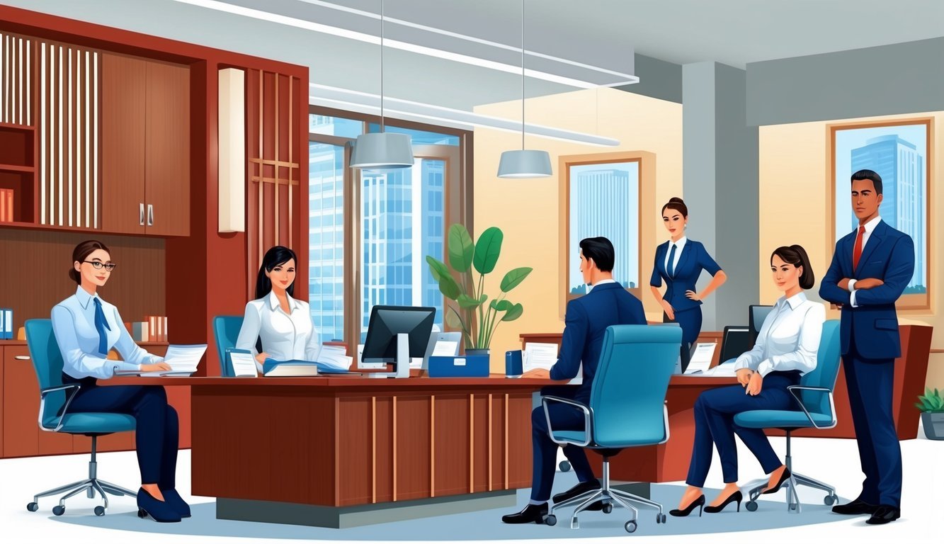 A busy law office with modern decor and professional staff