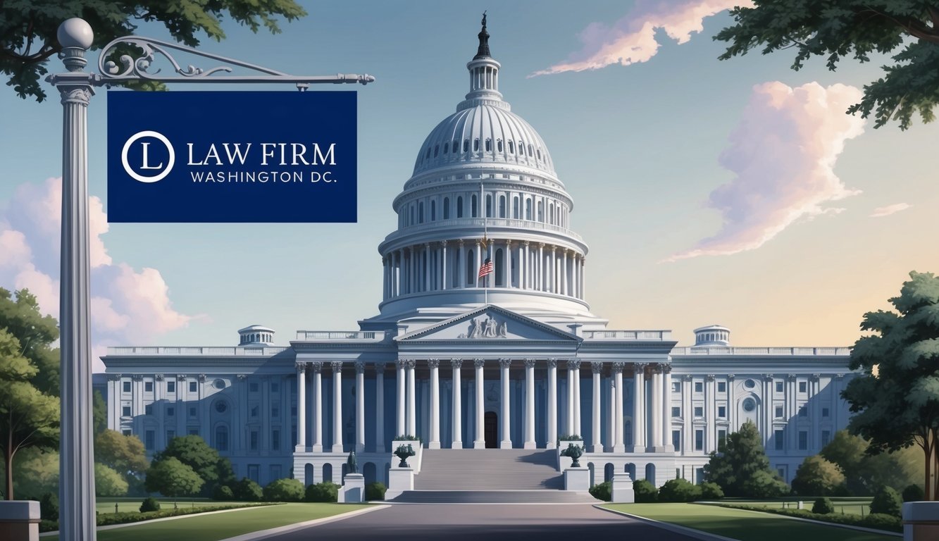 A grand and imposing Capitol building in Washington DC, with a prominent law firm sign