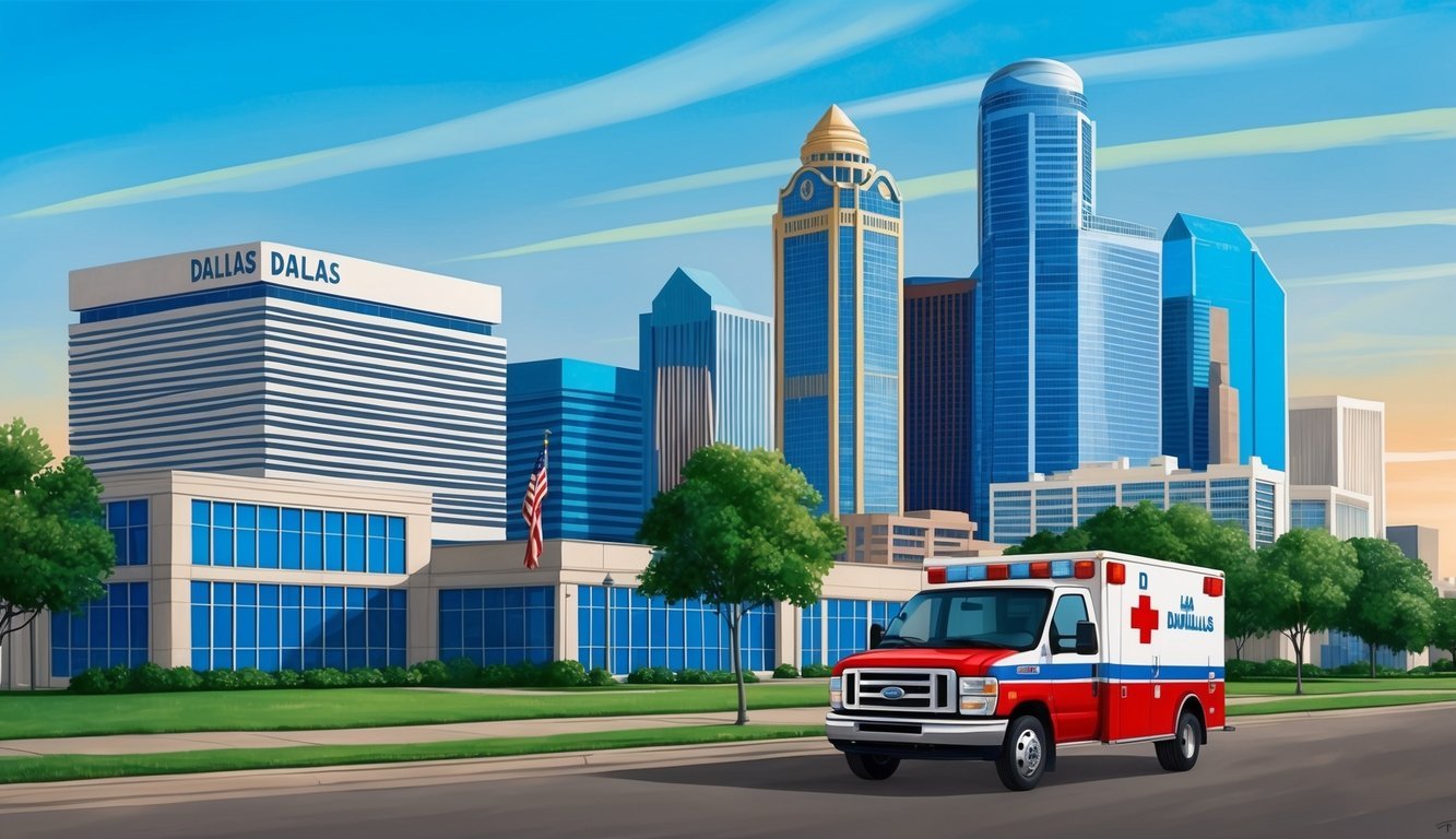 A busy Dallas skyline with a prominent law office building and a red ambulance parked outside