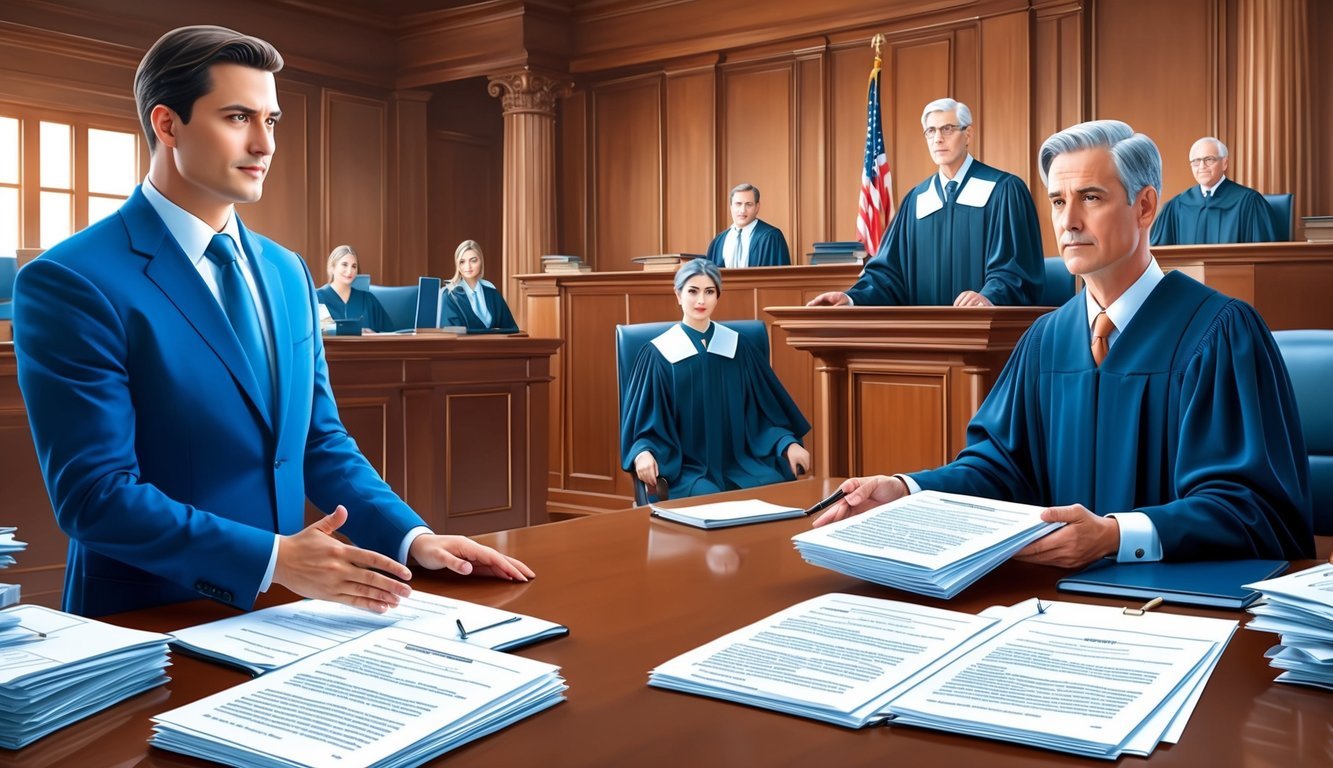 A courtroom scene with a confident lawyer presenting a case, surrounded by legal documents and a judge presiding over the proceedings