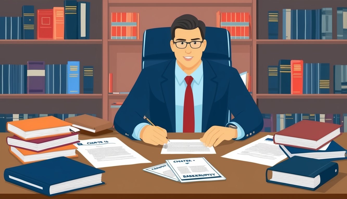 A lawyer in a professional office, surrounded by law books and paperwork, speaking with a client about chapter 13 bankruptcy