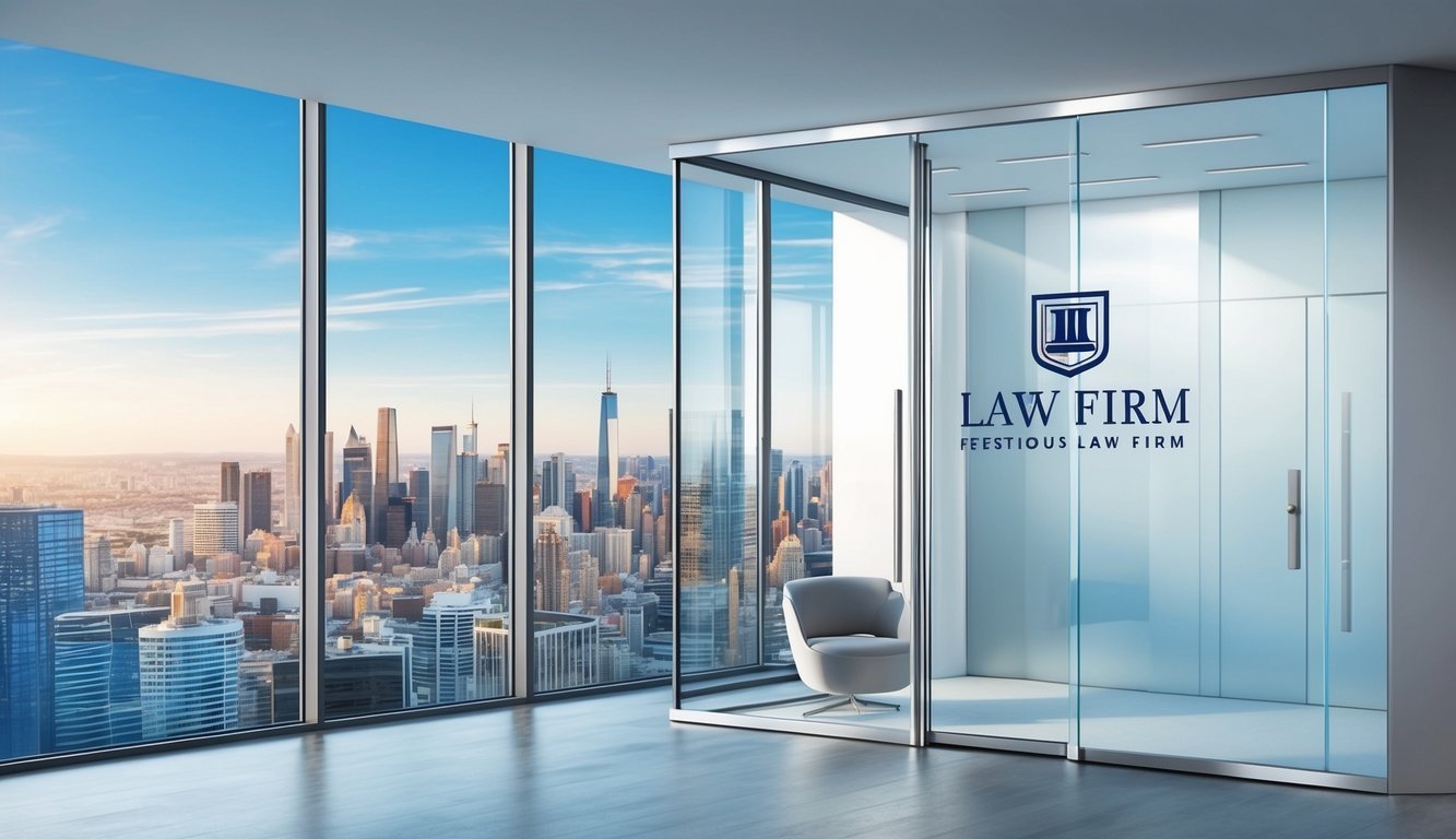 A sleek, modern office with city skyline view, featuring a prestigious law firm logo on the glass door