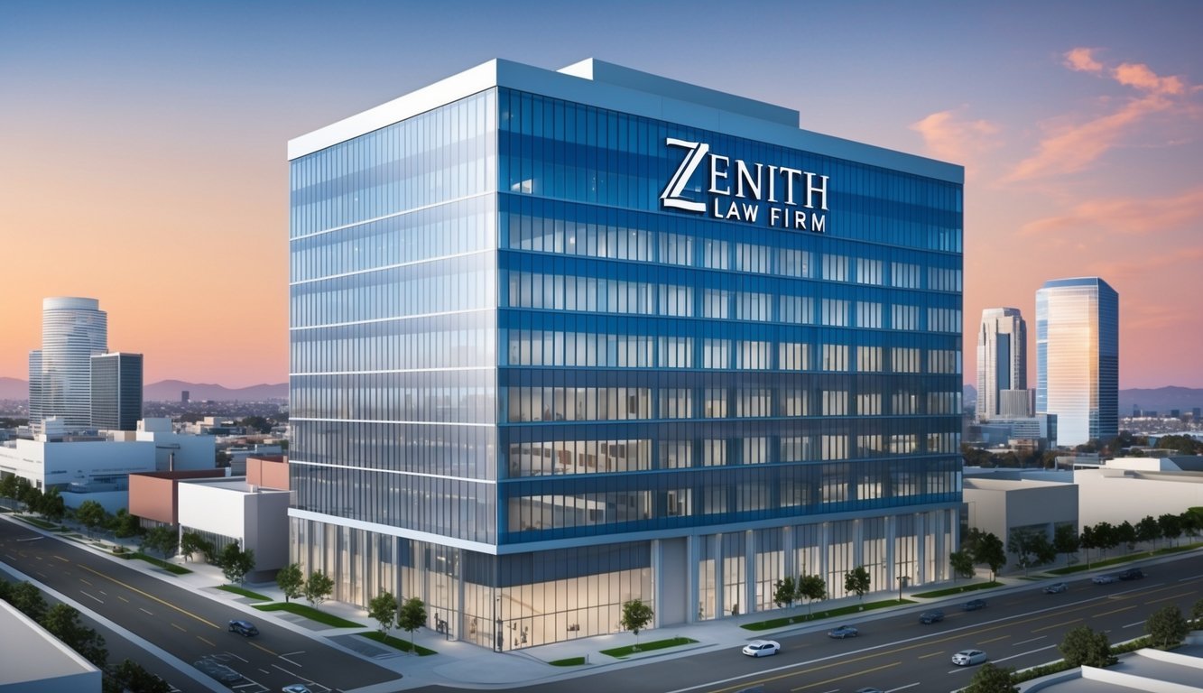 A sleek, modern office building in downtown Los Angeles, with the Zenith Law Firm logo prominently displayed on the exterior