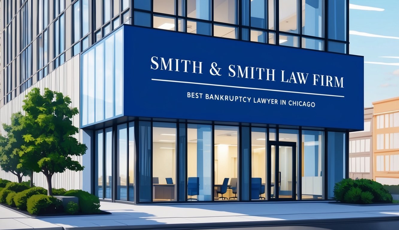 A modern office building with a prominent sign reading "Smith & Smith Law Firm - Best bankruptcy lawyer in Chicago" displayed prominently outside