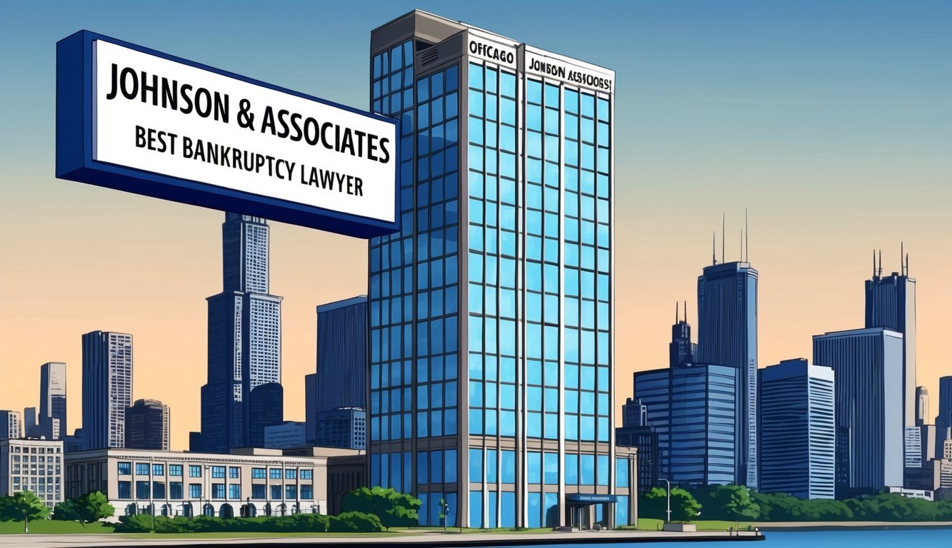 A sleek office building in downtown Chicago with a prominent sign reading "Johnson & Associates Best bankruptcy lawyer" stands tall against the city skyline