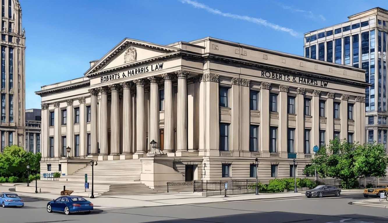 A grand courthouse with a prominent sign for "Roberts & Harris Law" in downtown Chicago